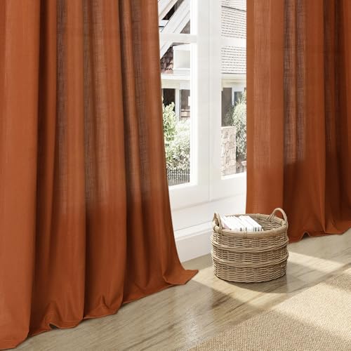 Image of Rust Linen Curtains 108 Inches Long for Living Room Light Filtering Semi Sheer Curtain Back Tab Vintage Rustic Decor Extra Long Floor to Ceiling High Window for Bedroom Office 52x108, 2 Panels