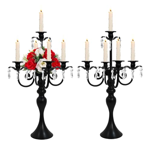 5 Arm Black Candelabra Centerpiece for Table 20.3 Tall Metal Candlestick Candle Holder for Taper Candles Gothic centerpieces for Tables Wedding Party Reception (Black 2pcs)