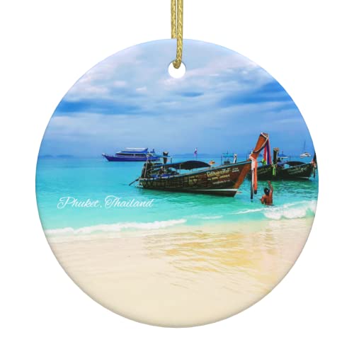 Phuket Thailand Ornament, 3" Ceramic Double Sided Printed Christmas Ornament City Travel Souvenir, Round Hanging Pendant Ornaments, Gifts for Xmas Holidays, Travel Memorable Ornaments for Home Decor