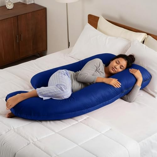 Image of BabyPro J-Shaped Pregnancy Pillow with Silky Cooling Velvet Cover, Blue | Full Body Pillow for Back Pain, Head, Belly, Hips & Knees, Soft Cushion