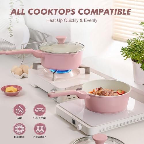 Image of SENSARTE Ceramic Nonstick Saucepan with Double Pouring Spout 3.0 Quarts, Cooking Pot with Stay Cool Handle, Induction Compatible, Ceramic Coating, Free of Intentionally Added PFOA /PFAS, Pink