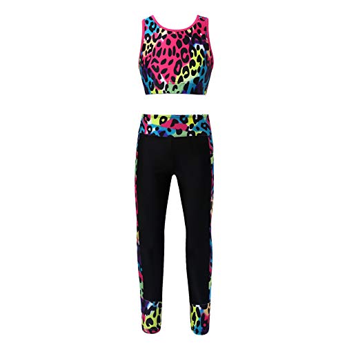 Nimiya Enfant Fille 2Pcs Leggings Gym Yoga Crop Top Vêtement Danse Sportswear Ensemble Brassière Haut Pointé Legging Joggings Tenue Sport Fitness Casual Eté 4-16 Ans Léopard 5-6 Ans Cover