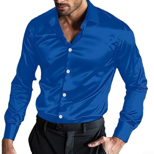 Camisa de vestir de seda satinada para hombre, manga larga para ocasiones casuales y especiales (XL azul marino)