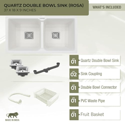 Image of EVANEX Quartz Sink for Kitchen | Double Bowl | Topmount /Undermount Kitchen Sinks | Rosa Double Sink with Connector, Waste Pipe, Coupling and Drain Basket | 37x18x9 Granite Kitchen Sinks