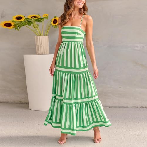 Image of Yuemengxuan Boho Maxi Dresses for Women Spaghetti Strap Flowy Smocked Long Dress Casual Summer Vacation Beach Maxi Dress
