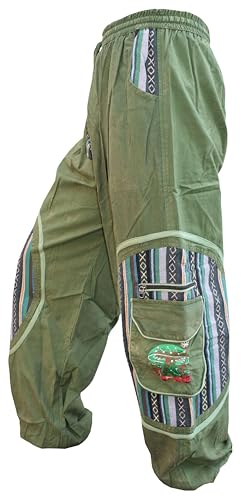 Gheri Mens Aztec Pocket Loose Fit Mushroom Embroidery Parachute Cargo Bohemian Pants Green S/M