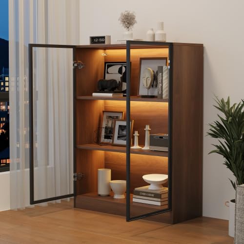 Witryna LED orzech 80x32x106 cm, szklane drzwi aluminiowe, 3 półki