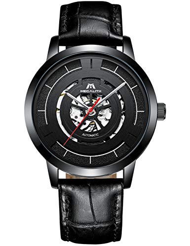 Preisvergleich Produktbild MEGALITH Herren Uhr Automatik Männer Mechanische Automatikuhr Skelett Wasserdicht Schwarz Edelstahl Armbanduhren Mann Leuchtende Steampunk Hand Wind Analoge Uhren