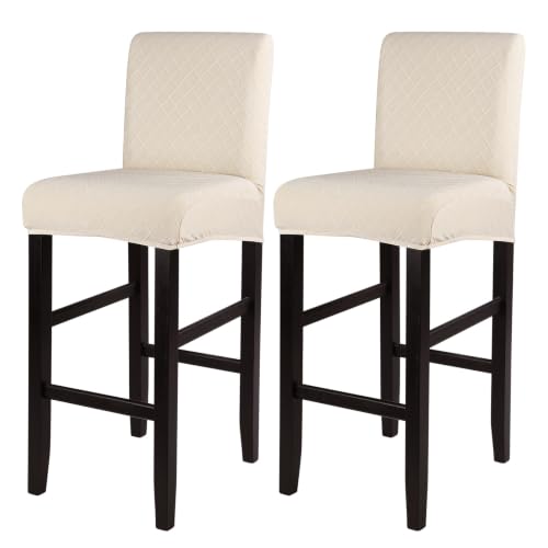 Image of SearchI Jacquard Bar Stool Covers Set of 2, Stretch Washable Barstool Seat Covers, Counter Height Chair Covers for Kitchen Dining Room Cafe (Check Jacquard Beige)