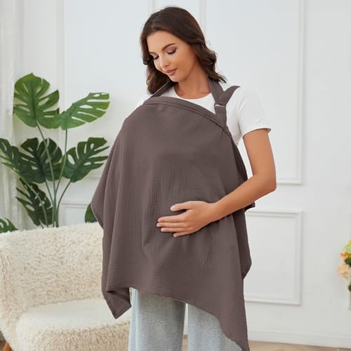 Image of Muslin Nursing Cover for Baby Breastfeeding, Breathable 100% Cotton Breastfeeding Cover with Rigid Hoop for Mother Nursing Apron (Coffee)