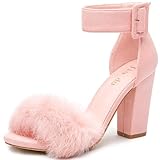 Jiu du Chunky Heels for Women Fur Feather High Heels Open Toe Ankle Strap Fuzzy Fluffy Block Heeled Shoes Prom Party Dance
