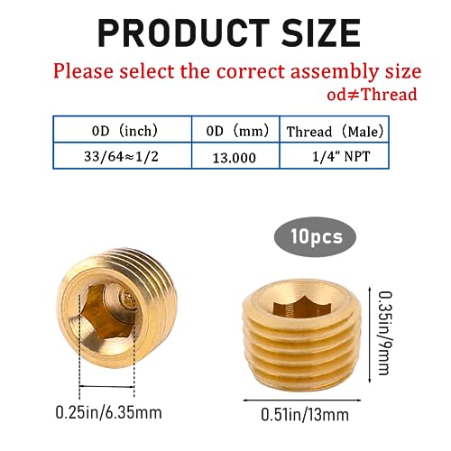 Sliverdew 554308_1_YASRHLAP 10 Pcs 1/4 Inch Npt Male Pipe Plug Fitting Set Brass Hex Counter Sunk Pipe Plug thumb #1