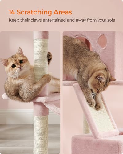Image of Feandrea Cat Tree, 81.1-Inch Large Cat Tower, Multi-Level Condo, Jelly Pink | with 13 Sisal Scratching Posts, 2 Perches, 2 Cave, Hammock, Basket, Pompoms for Indoor Cats, Easy to Assemble, UPCT190P01