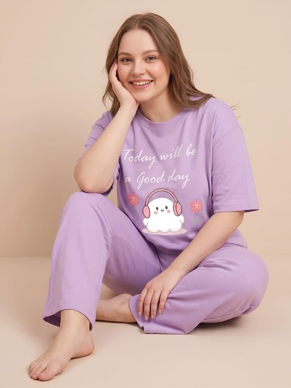 Image of My Swag Women Cotton Pajama Set Cute Cartoon Graphic Printed Night Suit for Women & Girls /Plus Size Nightsuit Set /Korean Night Suit