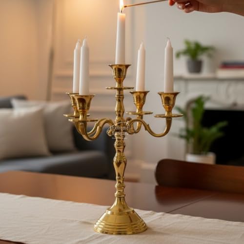 Image of Decorative Aluminum Vintage 5-Arm Brass Gold Candelabra Candle Holder - Elegant Metal Table Centerpiece for Home, Wedding, Party, Dining Room & Living Room Decor