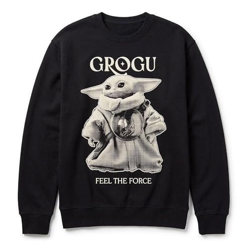 Image of STAR WARS Women's Star Wars: the Mandalorian and Grogu Feel the Force Junior's Crewneck Sweatshirt Fleece Pullover, Xs-xxl, Black, XL