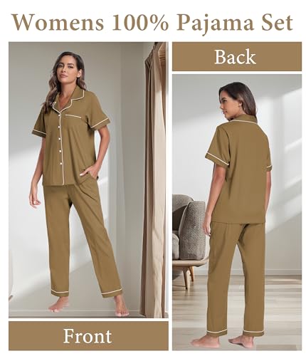 Image of CF Womens 100% Cotton Pajamas Set Button Down Pjs Sets Short Sleeve Top & Long Pants Sleepwear Comfy Loungewear with Pockets