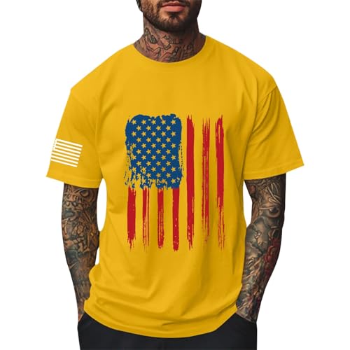 2025 - Camiseta para hombre del Día de la Independencia 4th of July USA Vintage Printshirt Stars and Stripes Herren Kurzarm atmungsaktiv Tshirt Sommer leichte Baumwolle Tees, amarillo, M