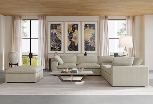 Image of JACH V Shape Couch Sectional for Living Room, Deep 5-Seats Modular Convertible Sofa, Couch Cushion Covers Removable, Cloud Sofas with Chaise Ottoman for Living Room, Apartment (Khaki)