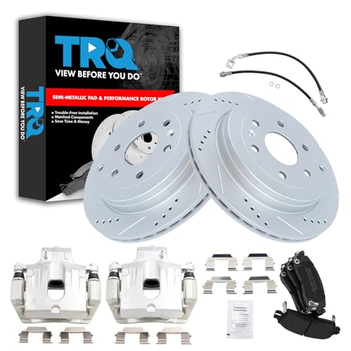Image of TRQ Brake Pad & Rotor Kit Slotted X Drilled Performance Semi-Metallic Compatible with 2008-2016 Buick Enclave 2009-2017 Chevrolet Traverse 2007-2016 GMC Acadia 2007-2010 Saturn Outlook
