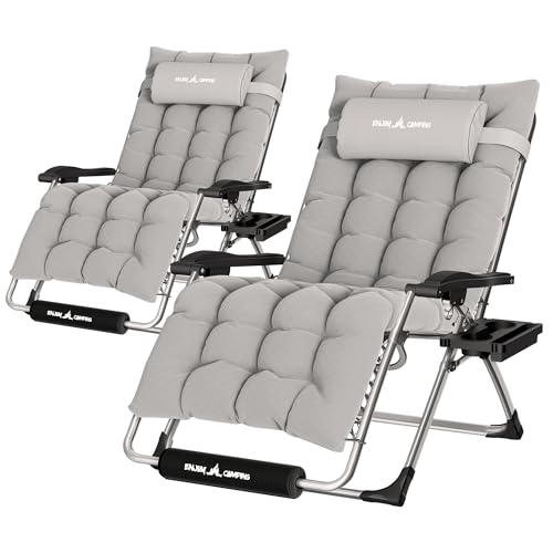 Image of UDPATIO Oversized Zero Gravity Chair Patio Reclining Chairs with Cushion | 29In Set of 2 Outdoor Folding Recliner with Pillows,Cup Holder, Foot Rest, Detachable Pad, Locking Light Grey-xl
