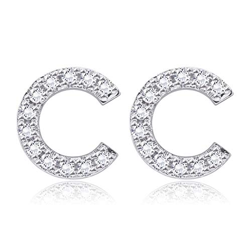 Hopeu5 Mujeres Niñas Regalos de cumpleaños Chapado en oro blanco Cubic Zirconia Letter Stud Earrings Tiny Size (Letter C)