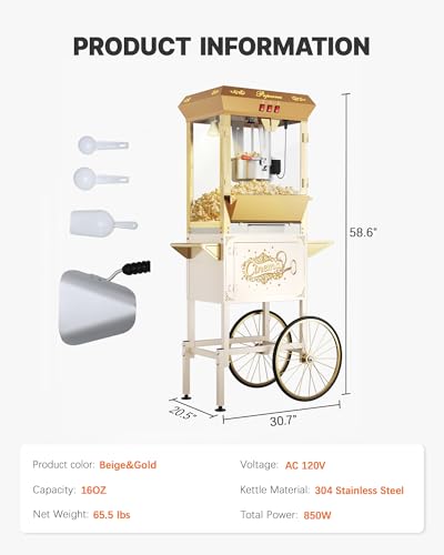Image of 16 oz Upgraded Commercial Popcorn Machine with Cart, Large Popcorn Machine Makes Up to 80 Cups, Movie Theater Pop Corn Machine with Easy-Rolling wheels & Stainless-Steel Kettle, Beige&Gold