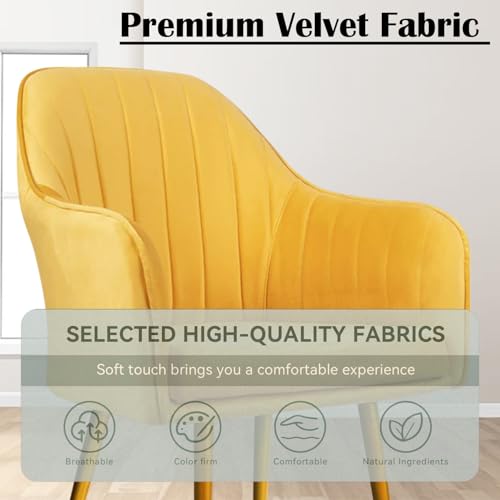 Image of Velvet Accent Chair | Luxury Upholstered Armchair with Sturdy Metal Legs | Modern Comfortable Chair for Living Room, Bedroom, Office, or Cafe (Golden Legs, Yellow)