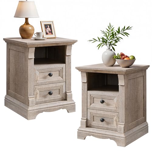 Image of Nightstand Set of 2, 18 inch Wood Side Table with Charging Station Roman Column