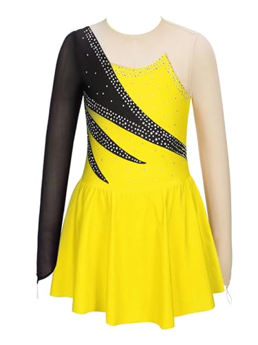 Jowowha Vestido de patinaje artístico para niña, vestido de patinaje sobre ruedas, manga larga, vestido de ballet, vestido de baile, bailarina, vestido latino, traje de baile de competición, amarillo