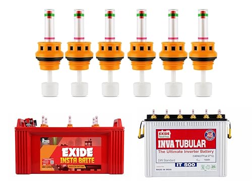 Exide Batteries Compatible [NOT for Other Batteries] Inverter Battery Water Level Float Indicator Cap Set with Fumes Filtration - 1 Set of 6 Pieces for 1 Battery (Yellow-27 mm) view 1