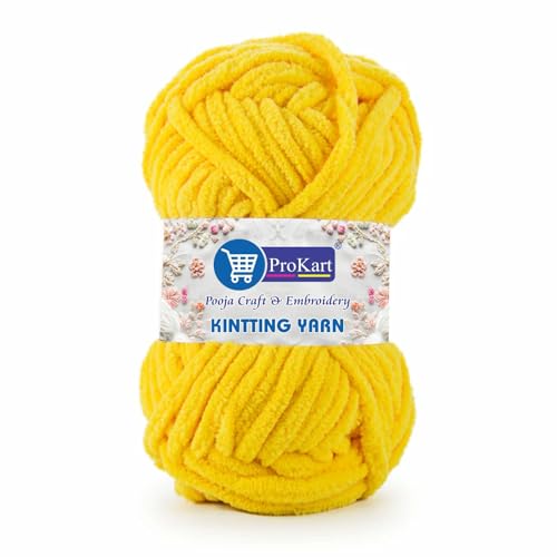 Image of ProKart Premium Blankie Wool, Plush & Cuddly, Chenille Yarn Supersoft Hand Knitting Wool Ball | Blanket Thick /Mottu Yarn Ball Suitable for Hand Knitting and Crocheting for Baby, Adult, Sweaters, caps, Throws, Home Furnishing, Scarves, Blankets (Yellow, 100gms x 4 Pack)