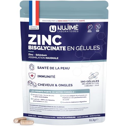 Zinc Bisglycinate 15mg + Sélénium | Assimilation Maximale | Peau, Ongles, Cheveux, Immunité, Fertilité | Fabriqué en France (180 gélules | 6 mois)