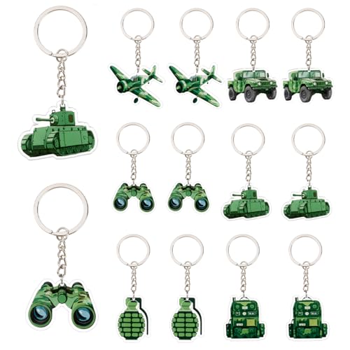 Serencatcher 12pcs Army Party Favors Keychains, Camo Warbird Tank Telescopes Keychains Camouflage Double Sided Acrylic Keyrings 6 Styles for Army Military Themed Birthday Party Supplies