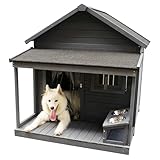 Wooden Outdoor Large Dog House with Balcony and Asphalt roof - Outdoor Insulated Includes Wooden Door, Food Bowl and Cozy mat - Insulated Dog House is Durable, Wind and Water Resistant(W1431S00005)