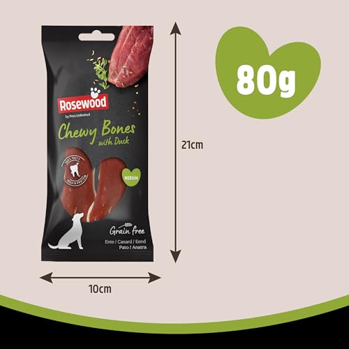 Rosewood Chewy Bones Eend Medium - Kauwkluiven voor Honden, Runderhuid Kauwsnack met Eend, Ondersteunt Gebitsverzorging, Zonder Granen, Zonder Kunstmatige Toevoegingen, 80 g