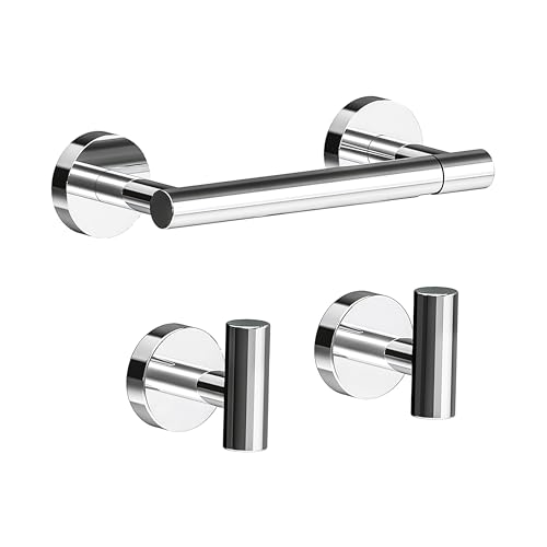 WZRUA 3 Pieces Bathroom Accessories Set, 304 Stainless Steel Toilet Paper Holde and Two Towel Hooks,Wall Mounted,Bathroom Accessories Anti-Rust Waterproof for Kitchen Bathroom(Chrome)