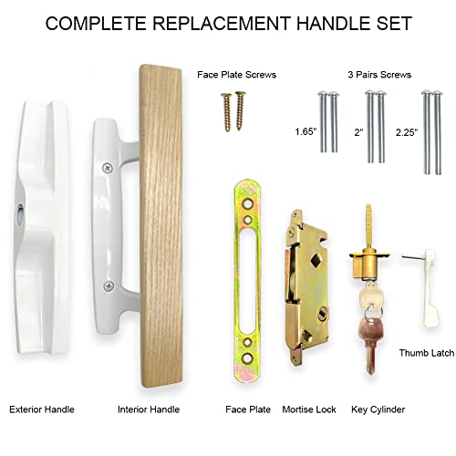 Allywasai Sliding Patio Door Handle Set With Mortise Lock, Key Cylinder And Face Plate, Wood Handle Lock Set Fits Door Thickness From 1-1/2" To 1-3/4", 3-15/16" Screw Hole Spacing, White #TOP1