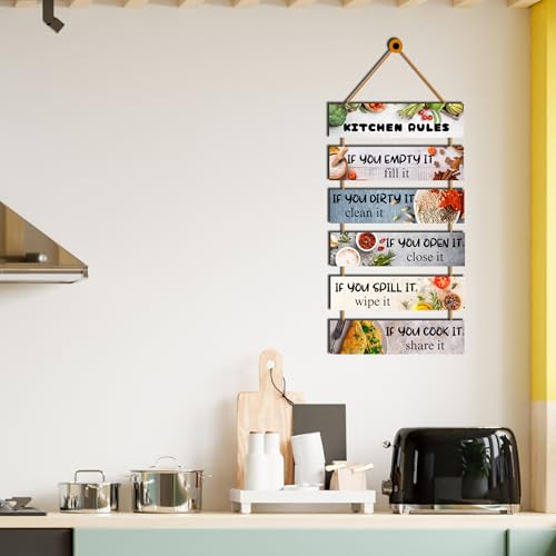 Image of GENXTRA Kitchen Rules Hanging Wall Decor - Funny & Inspirational Wooden Sign for Home, Dining Area & Modern Kitchen Decoration