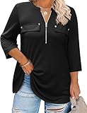 Kancystore Women's Plus Size 3/4 Sleeve Tops V Neck Fall Shirts Work Blouses Tunics with Zip Front Black 5X
