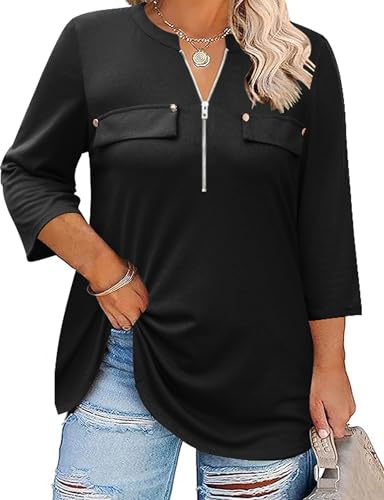 Kancystore Women's Plus Size 3/4 Length Sleeve Tops V Neck Fall Shirts Work Blouses Tunics XL-5X
