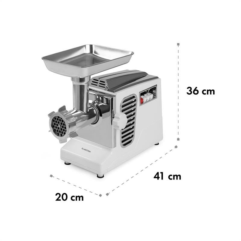 Klarstein Kraftprotz - Tritacarne Elettrico, 700 W, Potenza Bloccaggio: 1800 W, Motore in Rame, 2 Velocità e Inversione, Vaschetta in Alluminio, Lama in Acciaio Inox, 3 Dischi Forati, Bianco/Argento