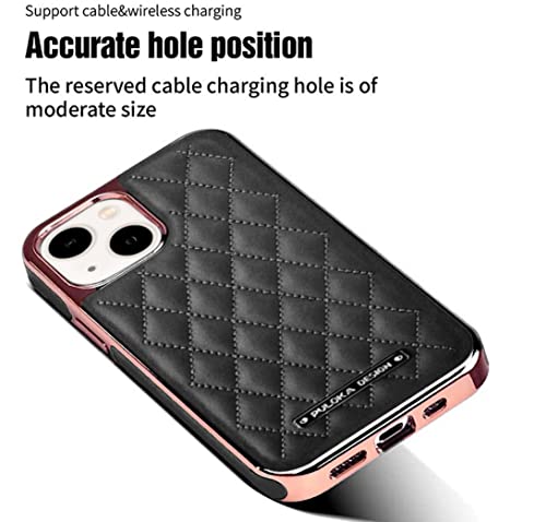 Image of PULOKA iPhone 14 Vegan Leather Back Cover Royal Diamond Pattern with Electroplated Case Compatible for Apple iPhone 14 6.1 inchinch - Black