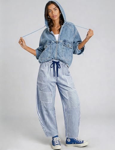 Image of TARSE Womens Striped Linen Barrel Pants with Pockets Y2k Patchwork
