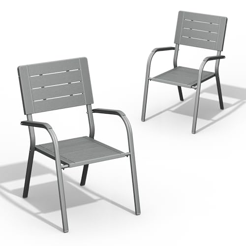 Image of VINGLI Outdoor Patio Dining Chairs, Stackable HDPE All-Weather Arm Chairs, Weatherproof Outdoor Seating for Garden, Backyard, Poolside, Balcony,Grey (2 Pack)