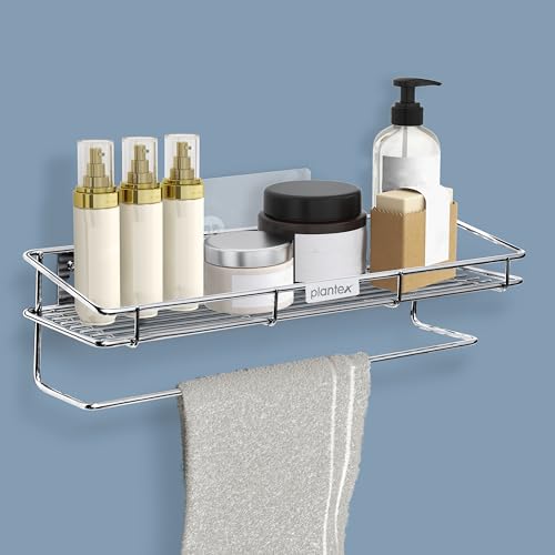 Image of Plantex Self Adhesive Bathroom Shelf /Stainless Steel Shelf with Towel Rod /Napkin Holder /Kitchen Shelves & Racks /Kitchen Stand /Rack (Chrome)