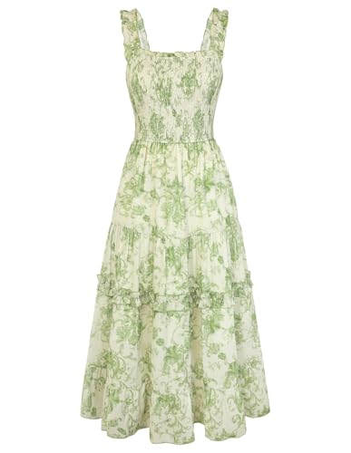 Scarlet Darkness Floral Dress for Women 2026 Flowy Sundress Smocked Cottagecore Dresses Green Scroll Grass 2XL