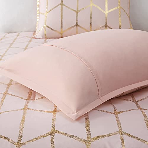 Intelligent Design Raina Comforter Microfiber Metallic Print Geometric Design Embroidered Toss Pillow Modern Trendy Casual All Season Bedding Set Matching Sham, King/Cal King, Blush/Gold 5 Piece #TOP7