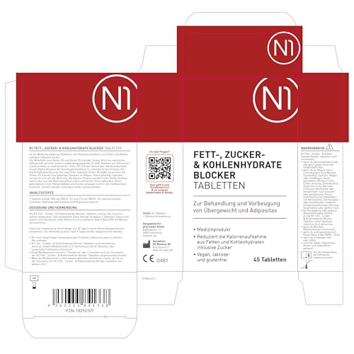 N1 Fettblocker + Zucker & Kohlenhydrate-Blocker Medizinprodukt zur Behandlung & Vorbeugung von Übergewicht - Diät, abnehmen Tabletten schnell