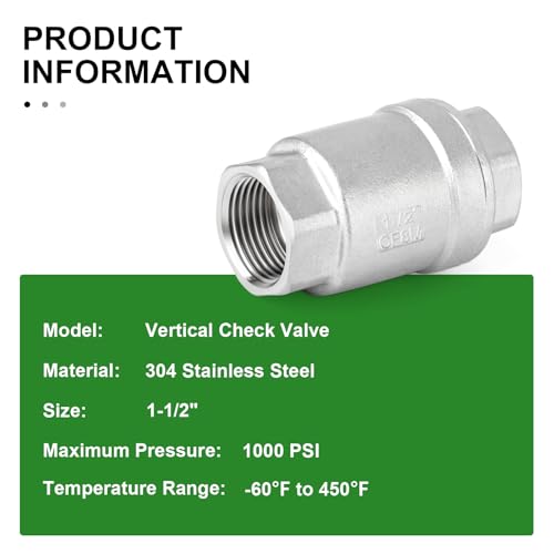 TAISHER 1PCS 304 Stainless Steel 1-1/2" Female Vertical Check Valve，Backflow Prevention, One Way Spring Check Valves CF8 WOG 1000 by TAISHER - Used condition - Image 4